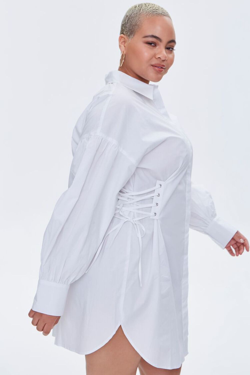 WHITE Plus Size Poplin Lace-Up Shirt Dress, image 2