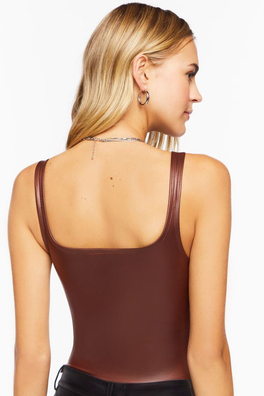 BROWN Faux Leather Cami Bodysuit, image 3