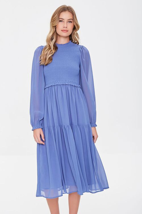 BLUE Smocked Peasant-Sleeve Dress, image 1