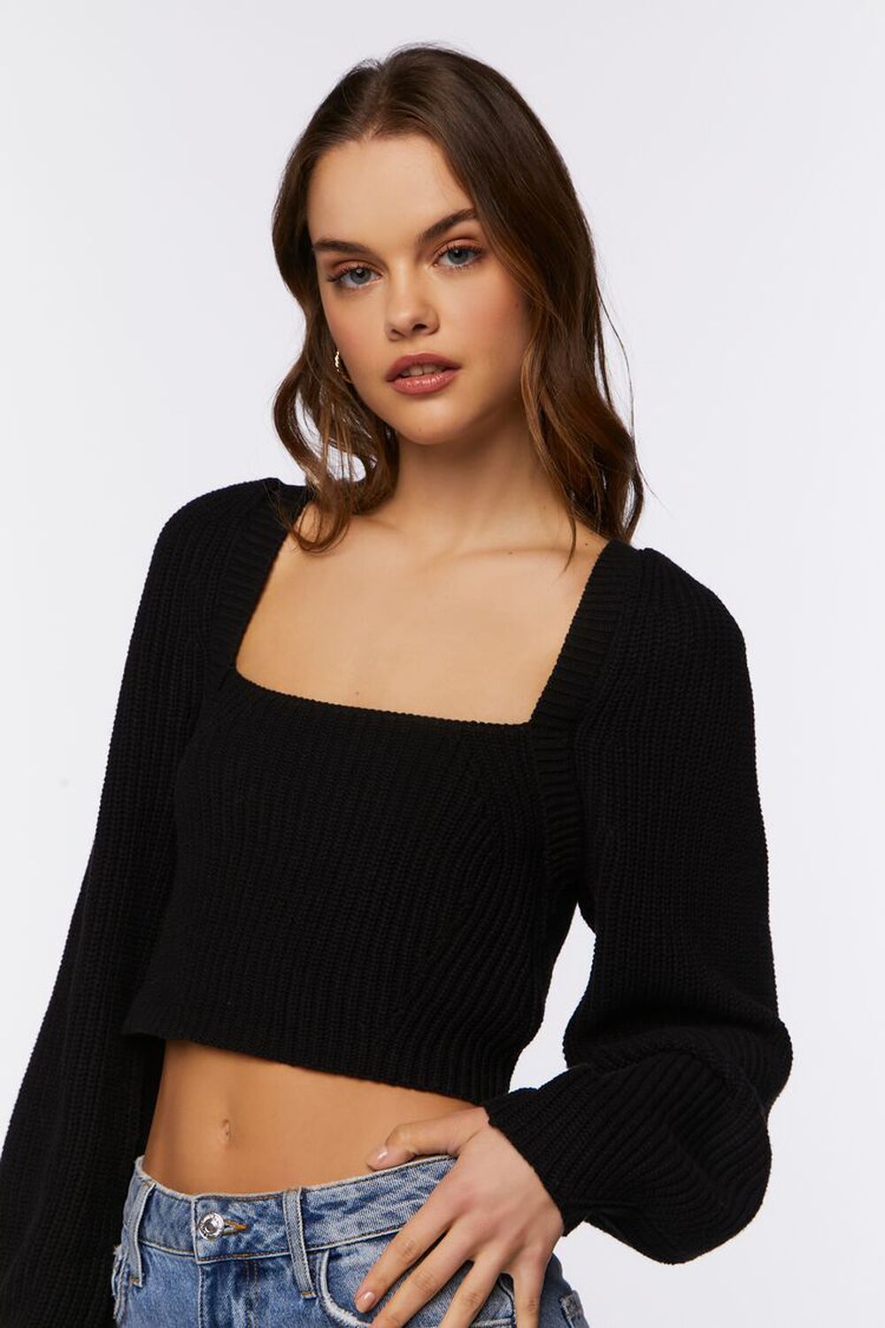 BLACK Rib-Knit Cropped Sweater, image 2