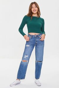 GREEN Ribbed Sweater-Knit Henley Top, image 4
