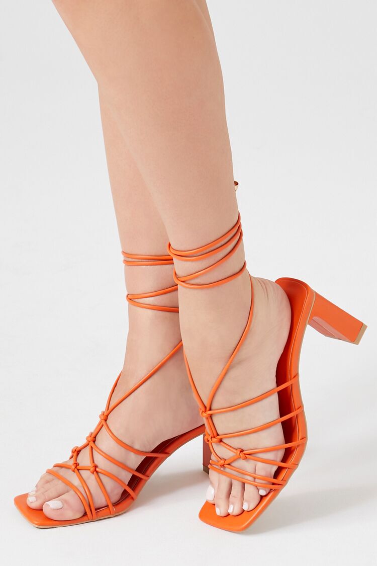 Public Desire Lacey Orange Patent Square Toe Strappy Lace Up Stiletto Heels  | Lyst
