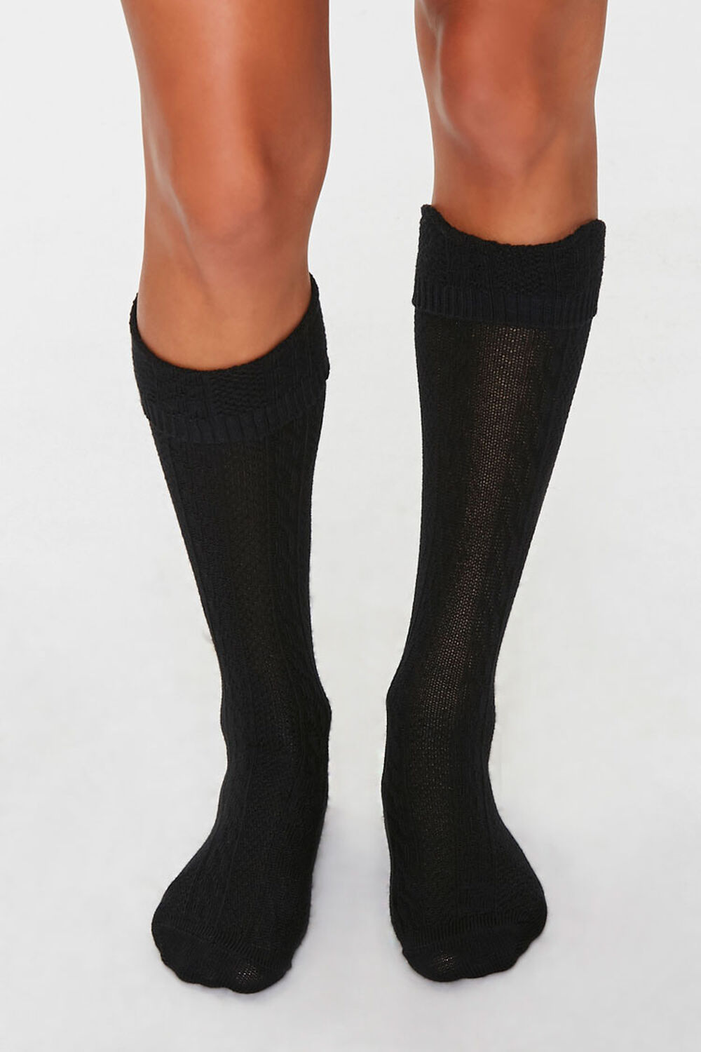 BLACK Cable Knit Knee-High Socks, image 2