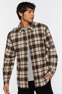 BROWN/WHITE Plaid Long-Sleeve Flannel Shirt, image 1