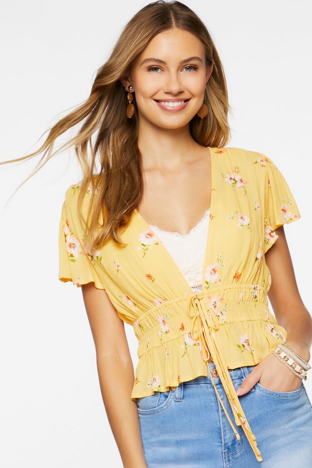 YELLOW/MULTI Plunging Floral Print Top, image 1