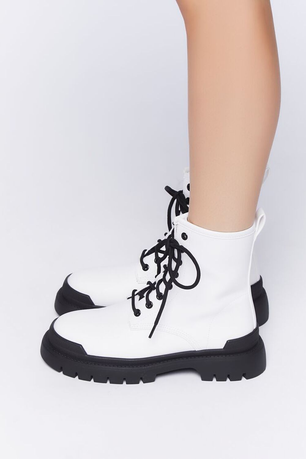 WHITE/BLACK Faux Leather Colorblock Combat Boots, image 2