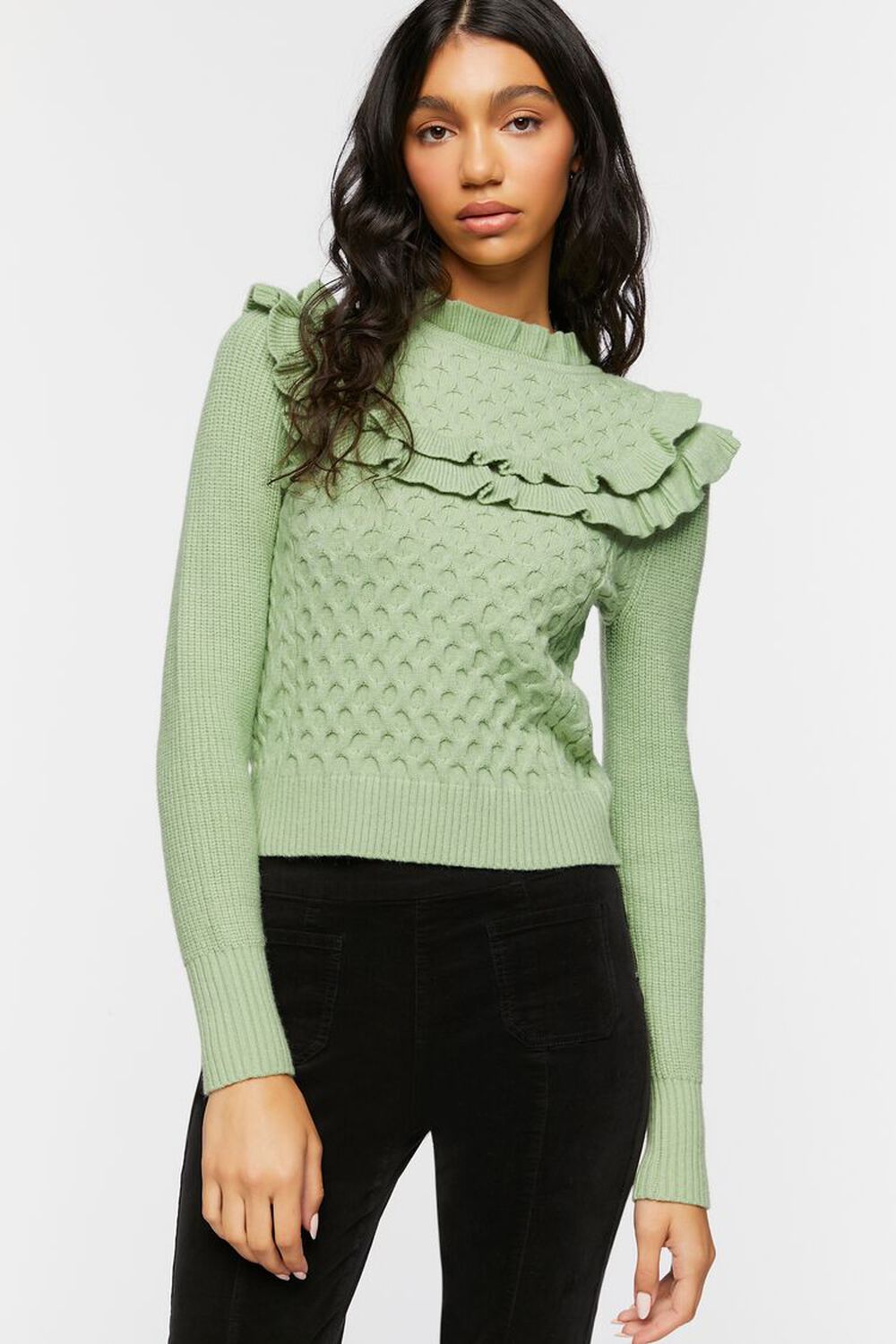 Ruffled Honeycomb Knit Sweater