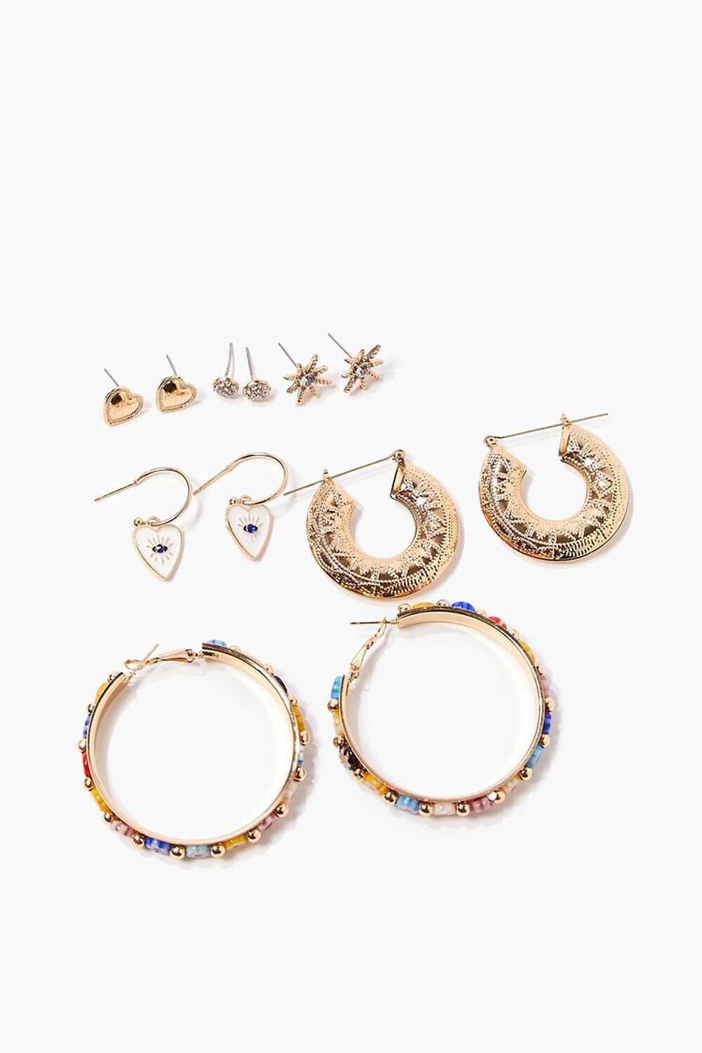 BLUE/GOLD Beaded Stud & Hoop Earrings Set, image 1