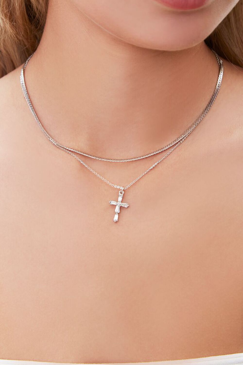 SILVER Cross Charm Layered Necklace, image 1