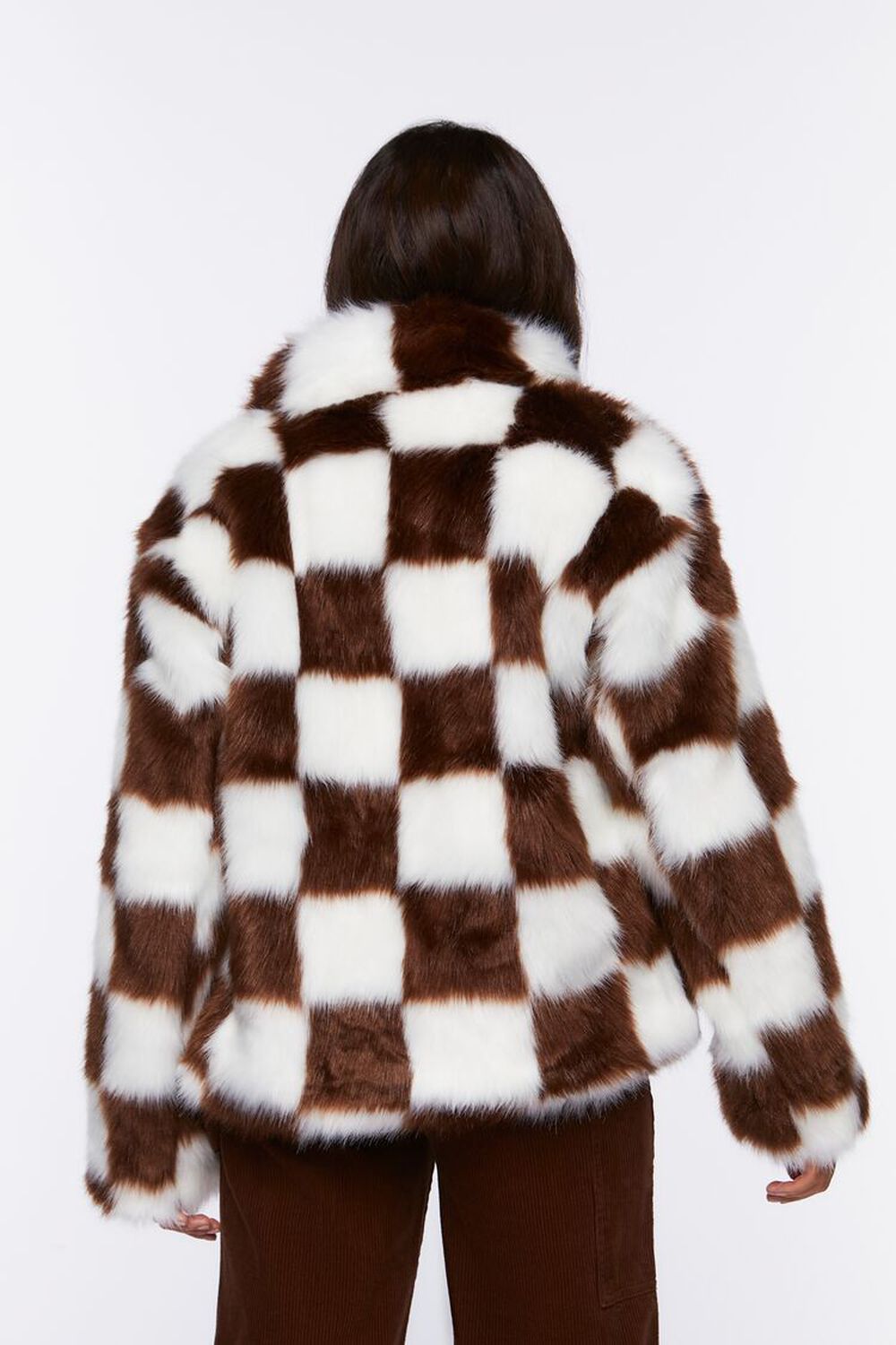 DARK BROWN/WHITE Checkered Faux Fur Coat, image 3