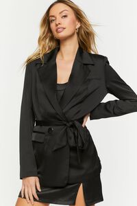 BLACK Satin Belted Double-Breasted Blazer, image 1