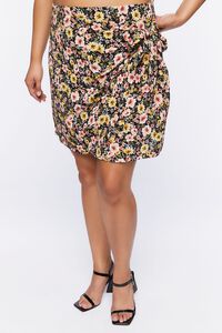 BLACK/MULTI Plus Size Floral Print Wrap Mini Skirt, image 2