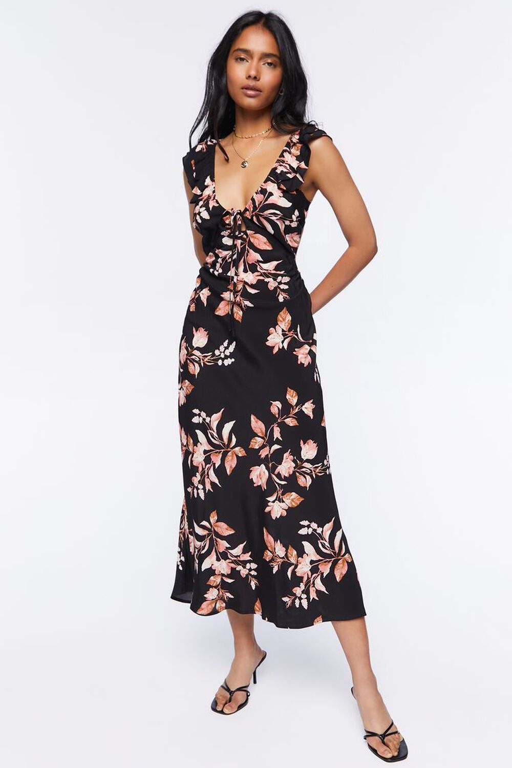 BLACK/MULTI Floral Print Tie-Back Midi Dress, image 1