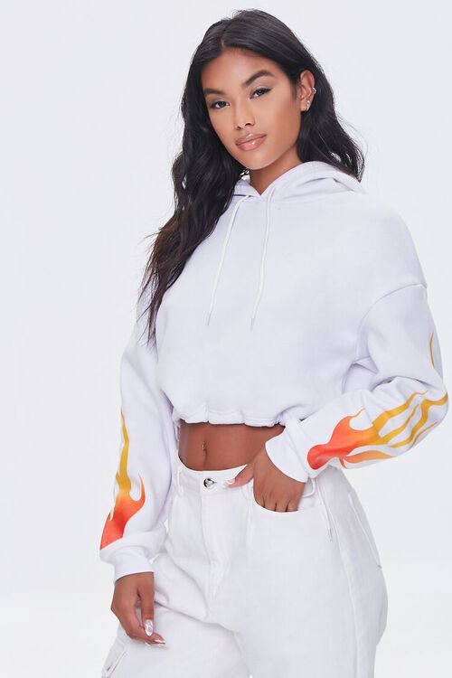 WHITE/MULTI Cropped Flame Hoodie, image 1