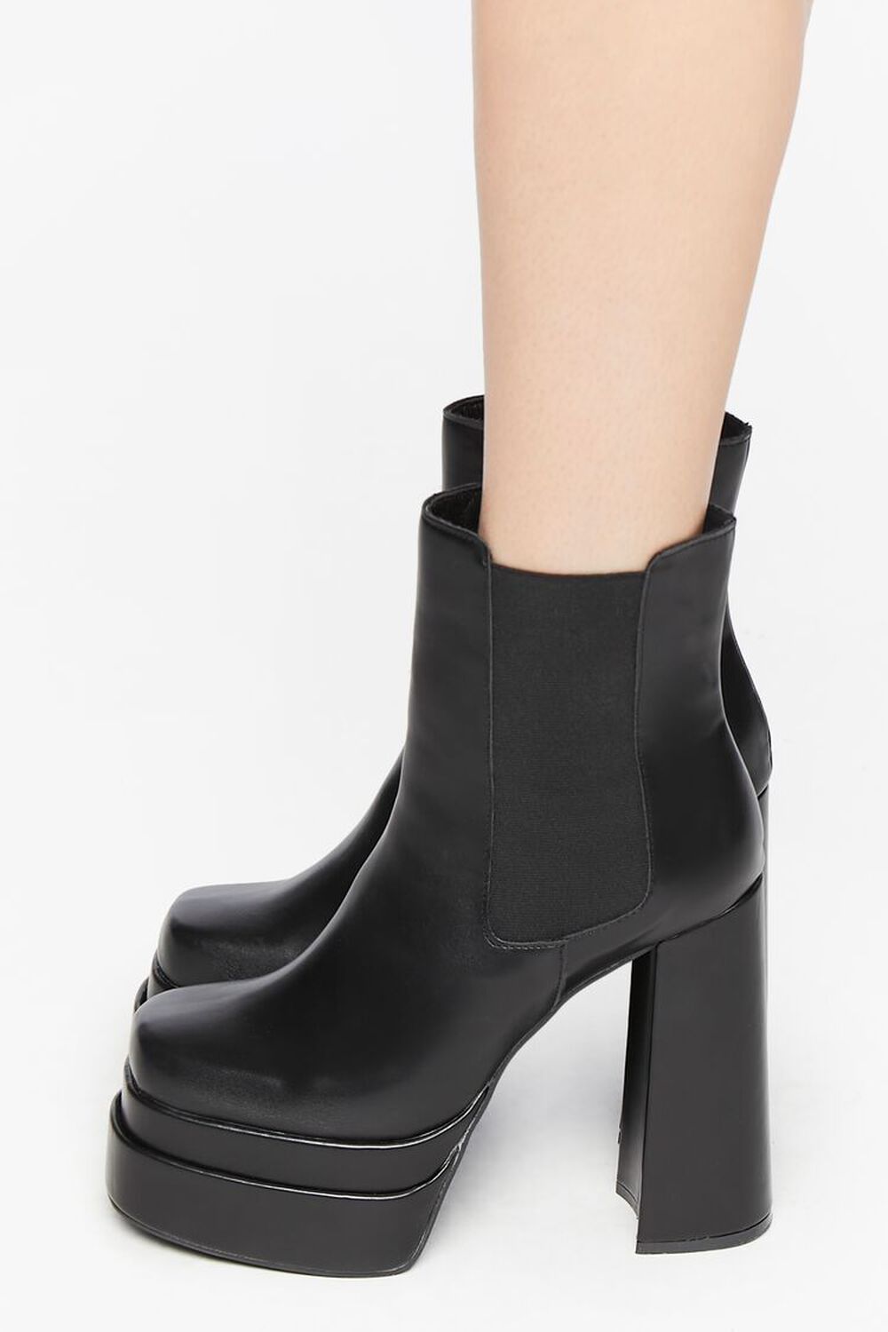 BLACK Faux Leather Stacked Platform Booties, image 2