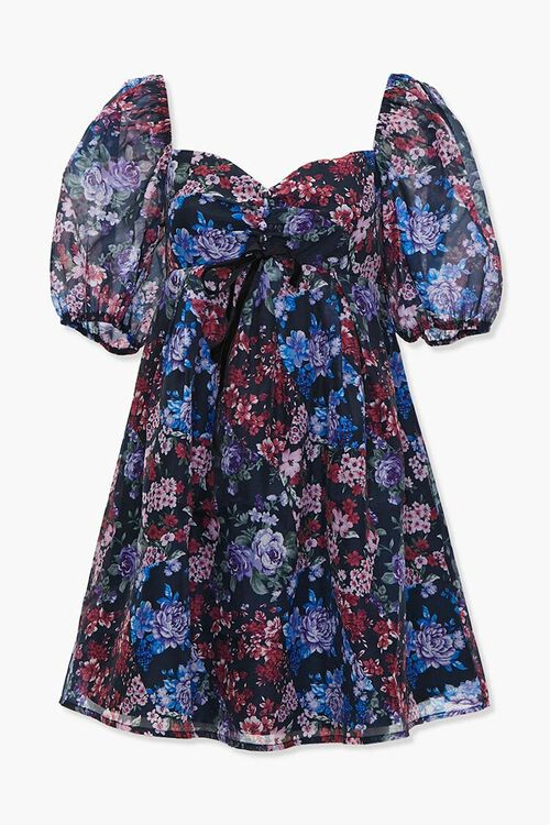 BLACK/MULTI Floral Puff-Sleeve Mini Dress, image 1