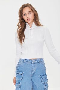 WHITE Ribbed Half-Zip Sweater, image 1