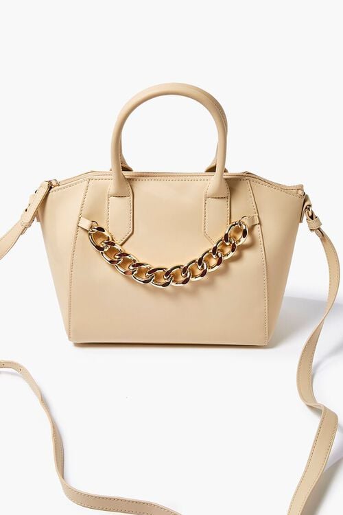 TAUPE Faux Leather Curb Chain Satchel, image 1