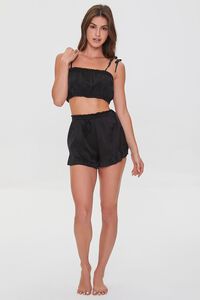 BLACK Satin Cropped Cami & Shorts Pajama Set, image 4