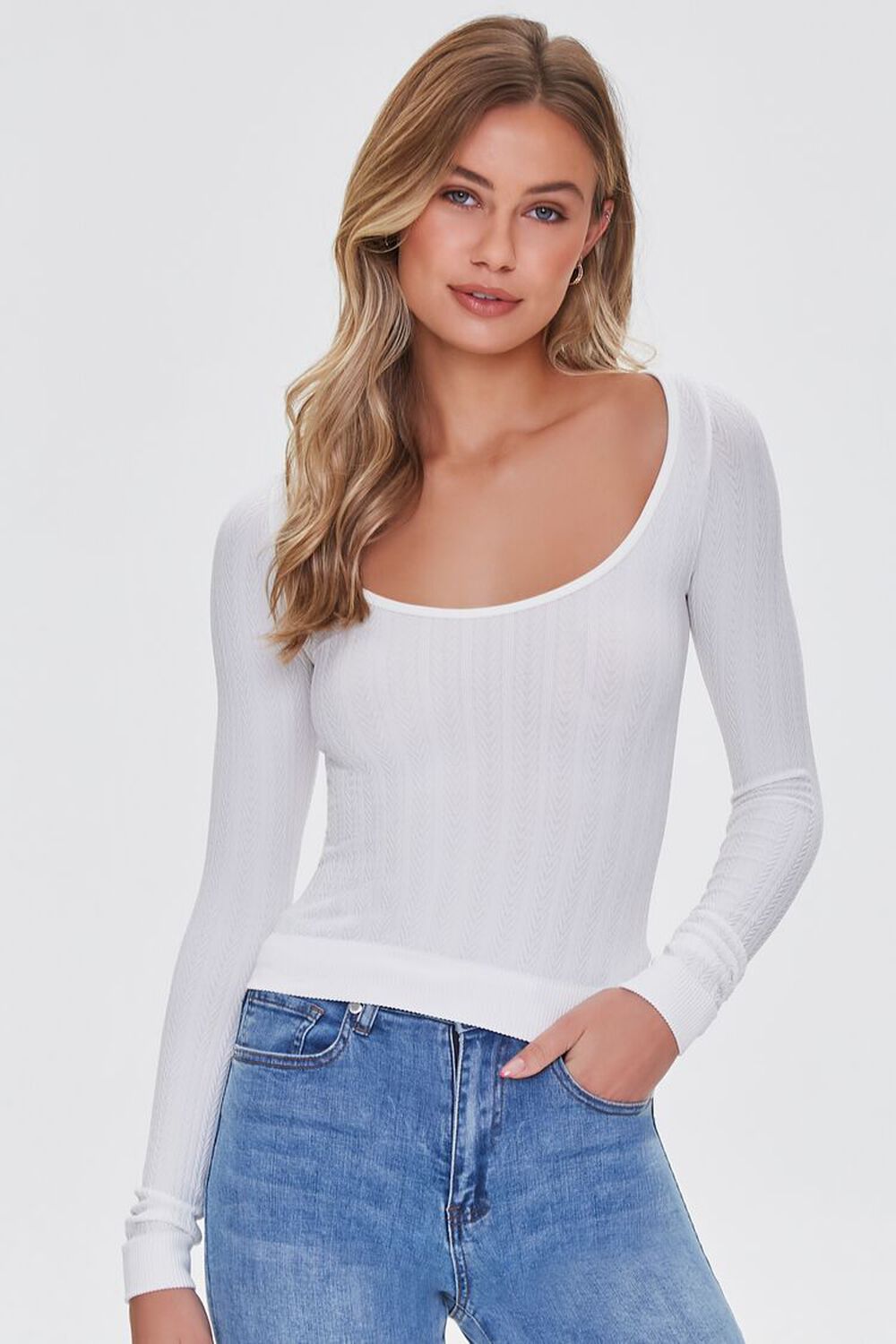 IVORY Ribbed Knit Scoop Top, image 1
