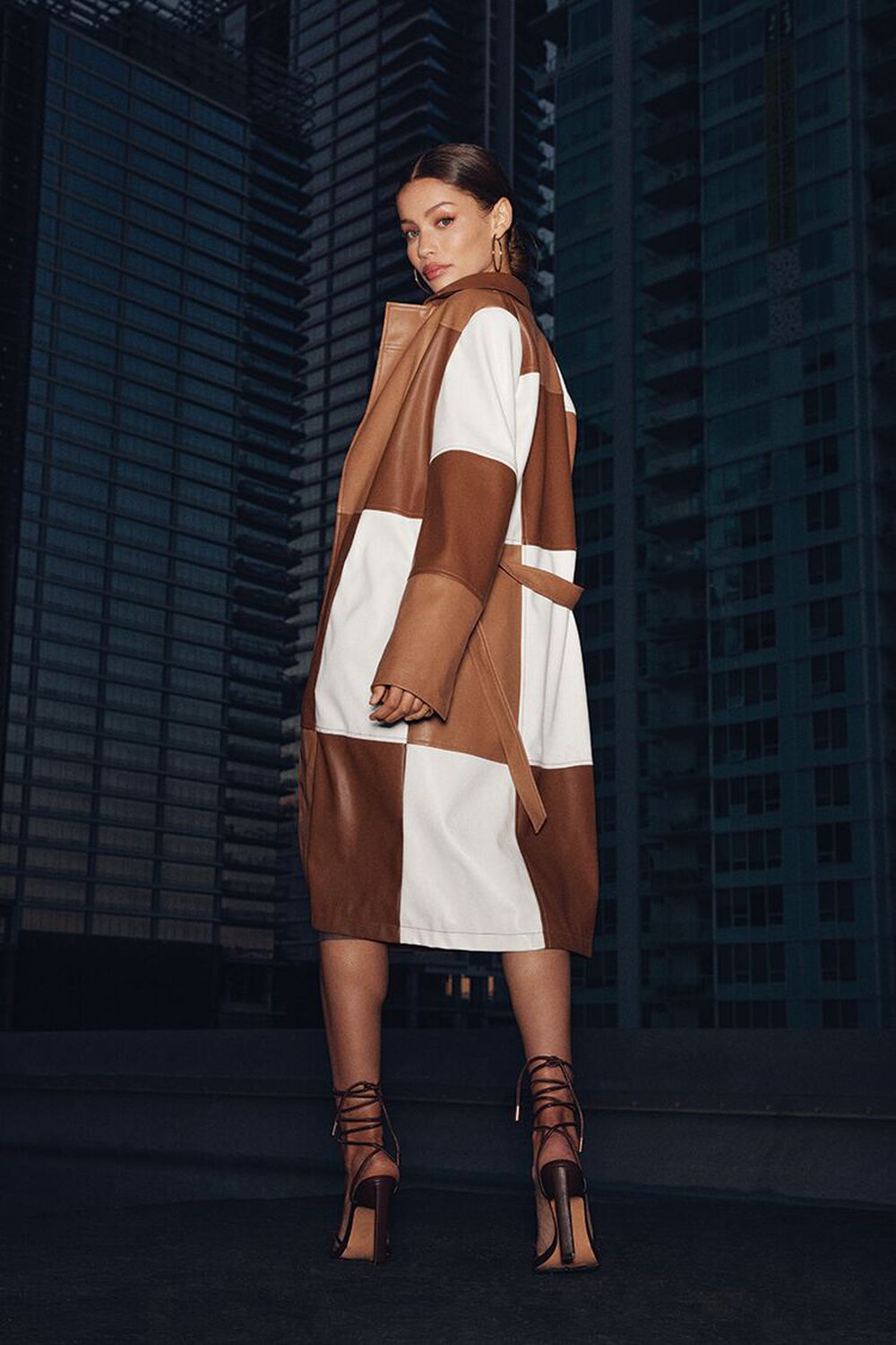 BROWN/MULTI Faux Leather Colorblock Trench Coat, image 1