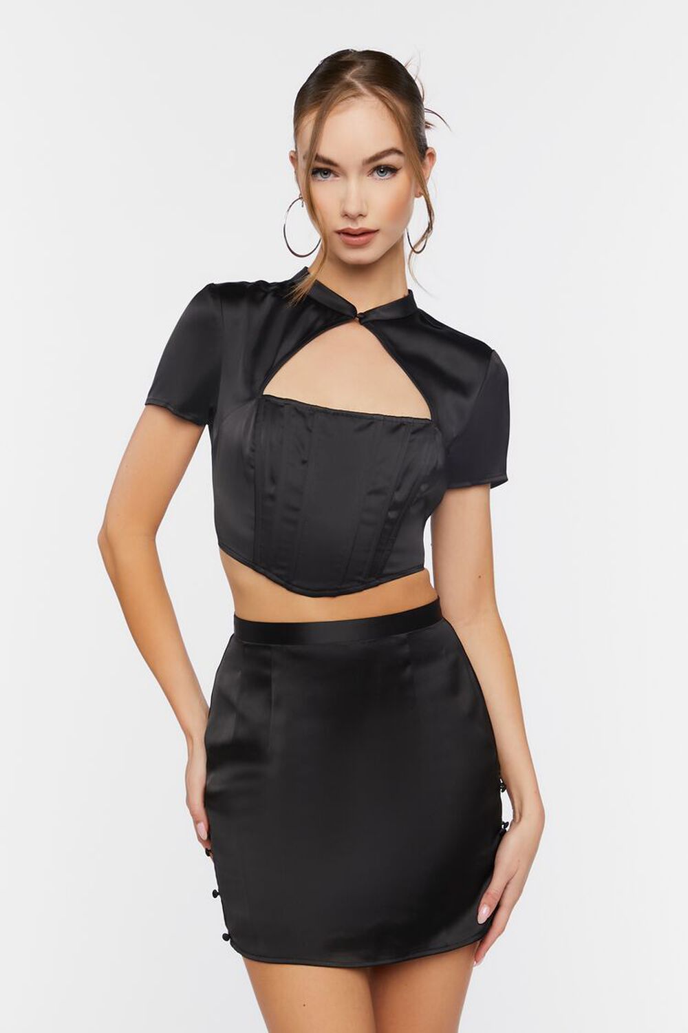 BLACK Satin Crop Top & Skirt Set, image 1