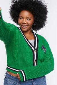 GREEN/NAVY Plus Size Varsity-Striped Cardigan Sweater, image 7