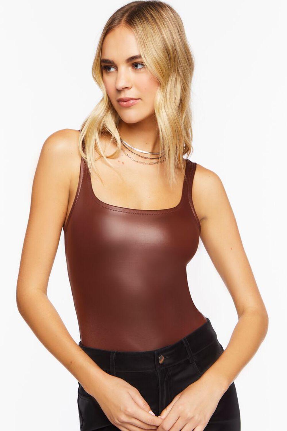 BROWN Faux Leather Cami Bodysuit, image 1