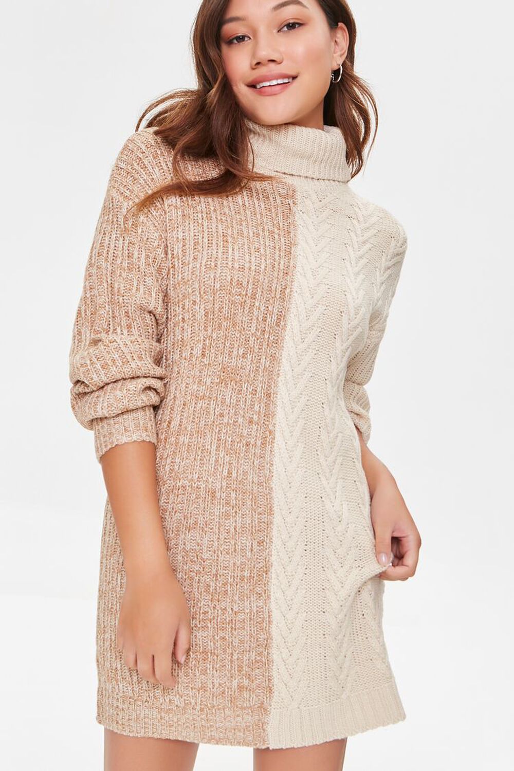 TAUPE/IVORY Cable Knit Sweater Dress, image 1