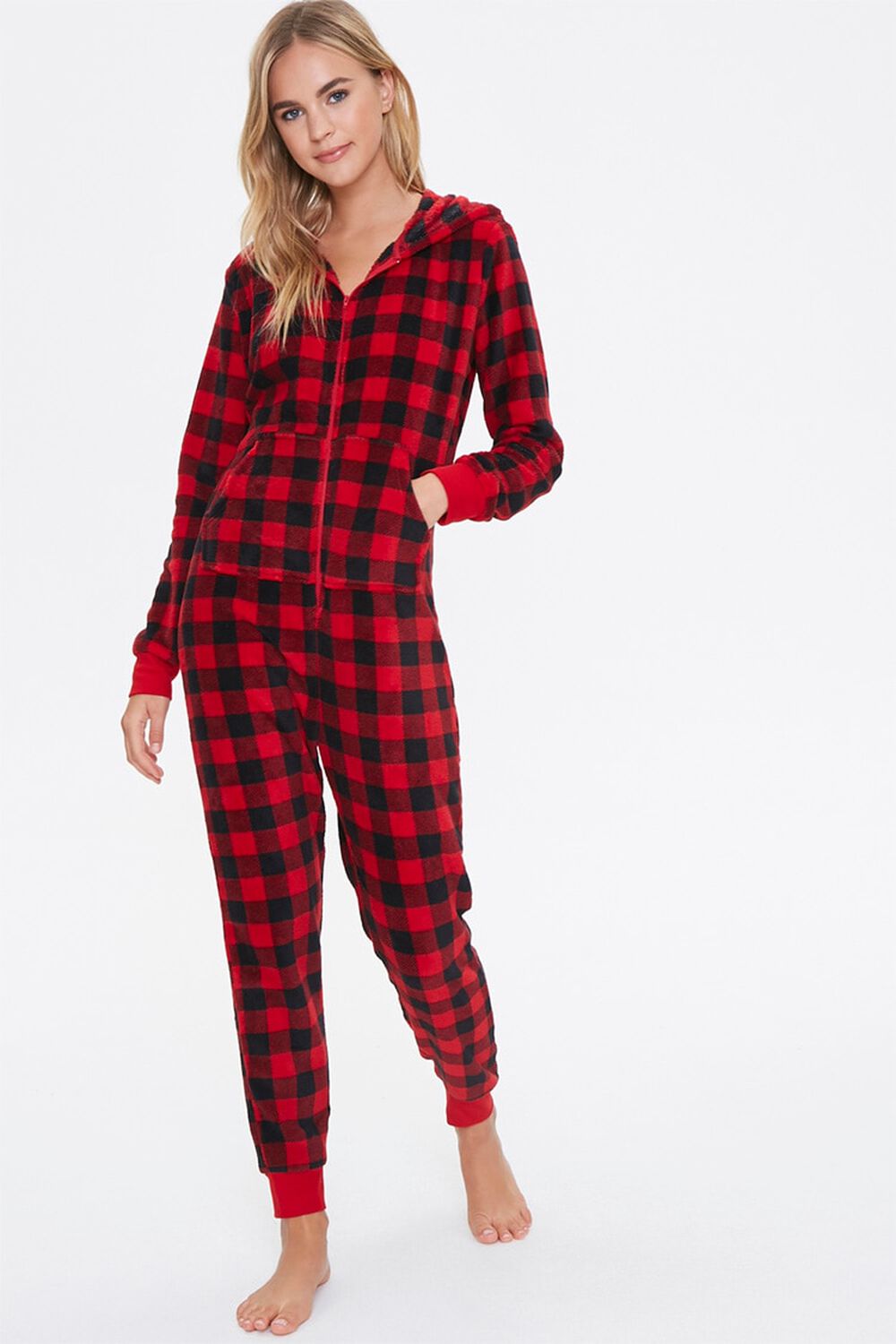 RED/BLACK Plaid Hooded Pajama Jumpsuit, image 1