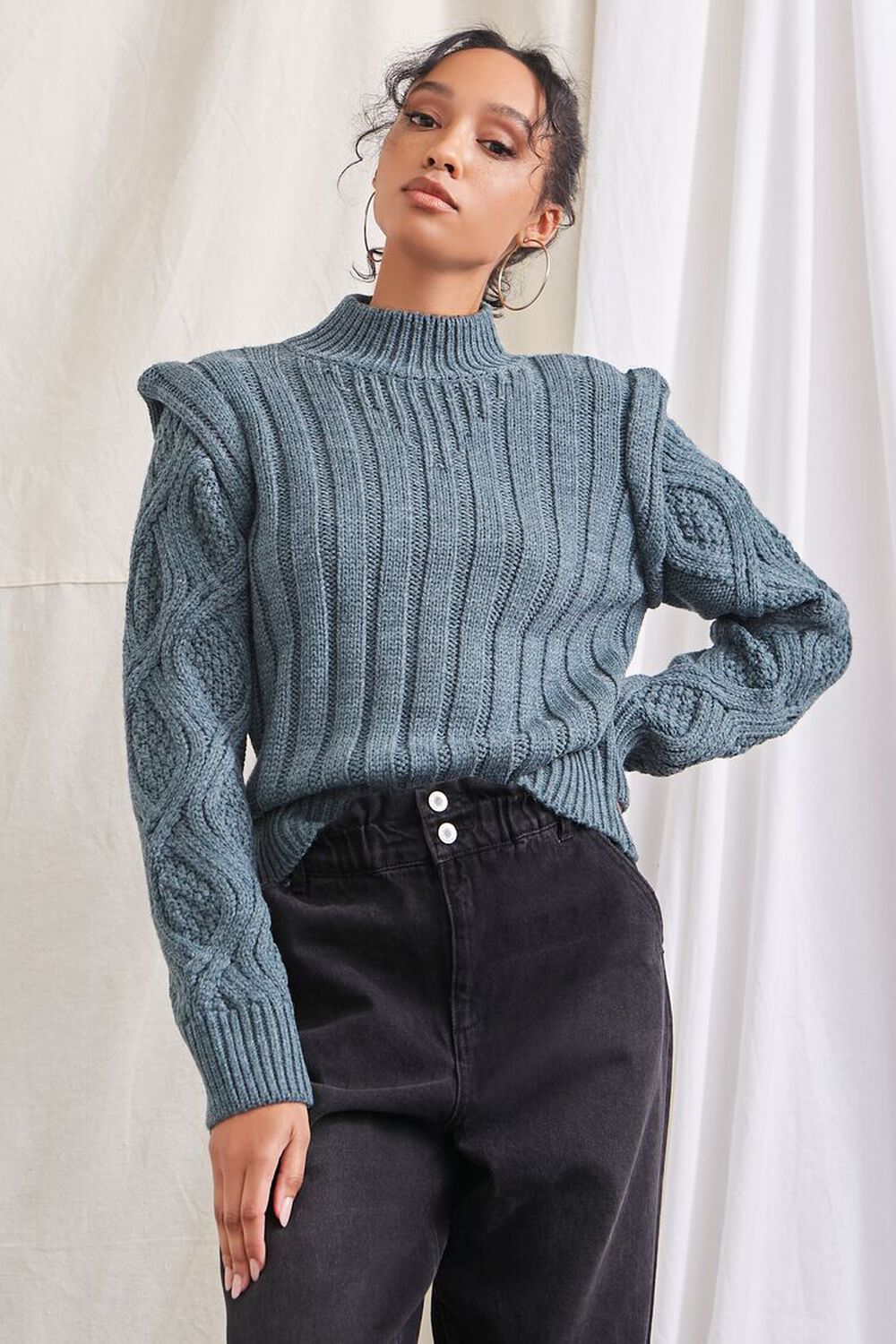 DARK GREEN Mock Neck Cable Knit Sweater, image 1