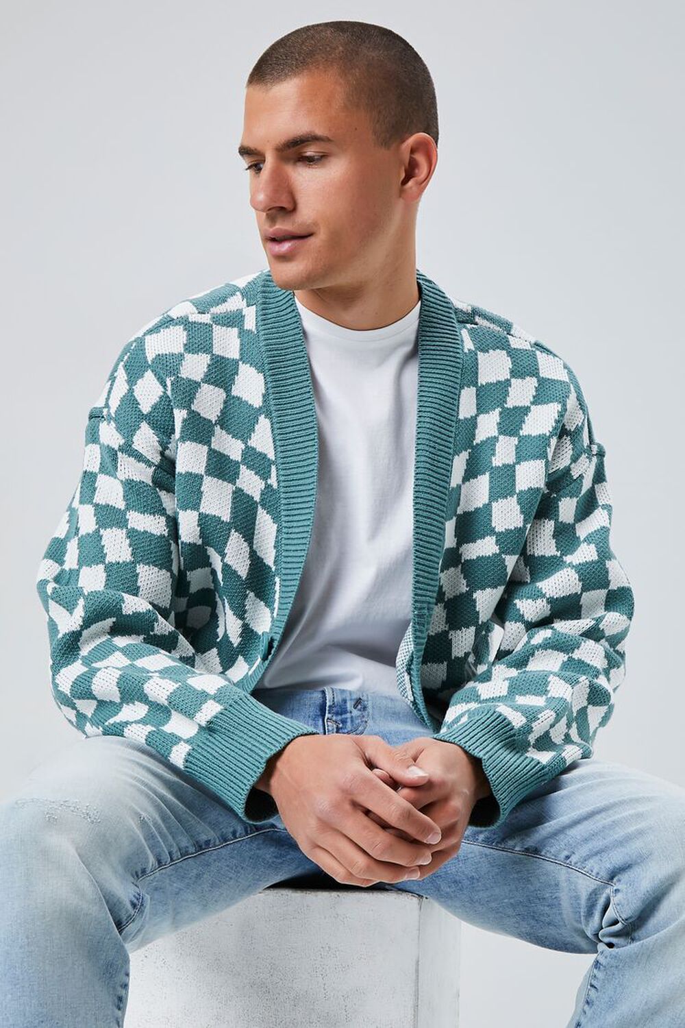 GREEN/WHITE Checkered Cardigan Sweater, image 1