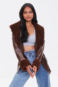 BROWN Faux Leather Belted Faux Shearling Jacket, image 5