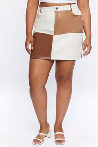 WHITE/BROWN Plus Size Colorblock Mini Skirt, image 2