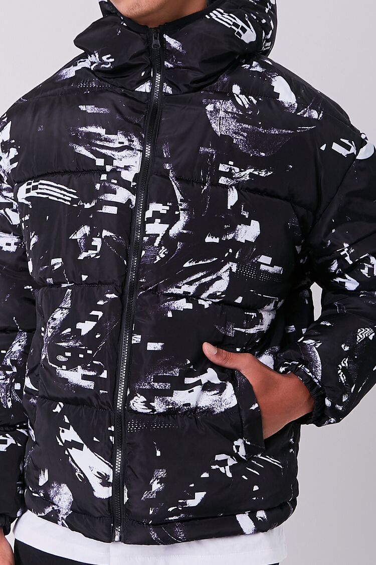 Abstract Print Hooded Puffer Jacket