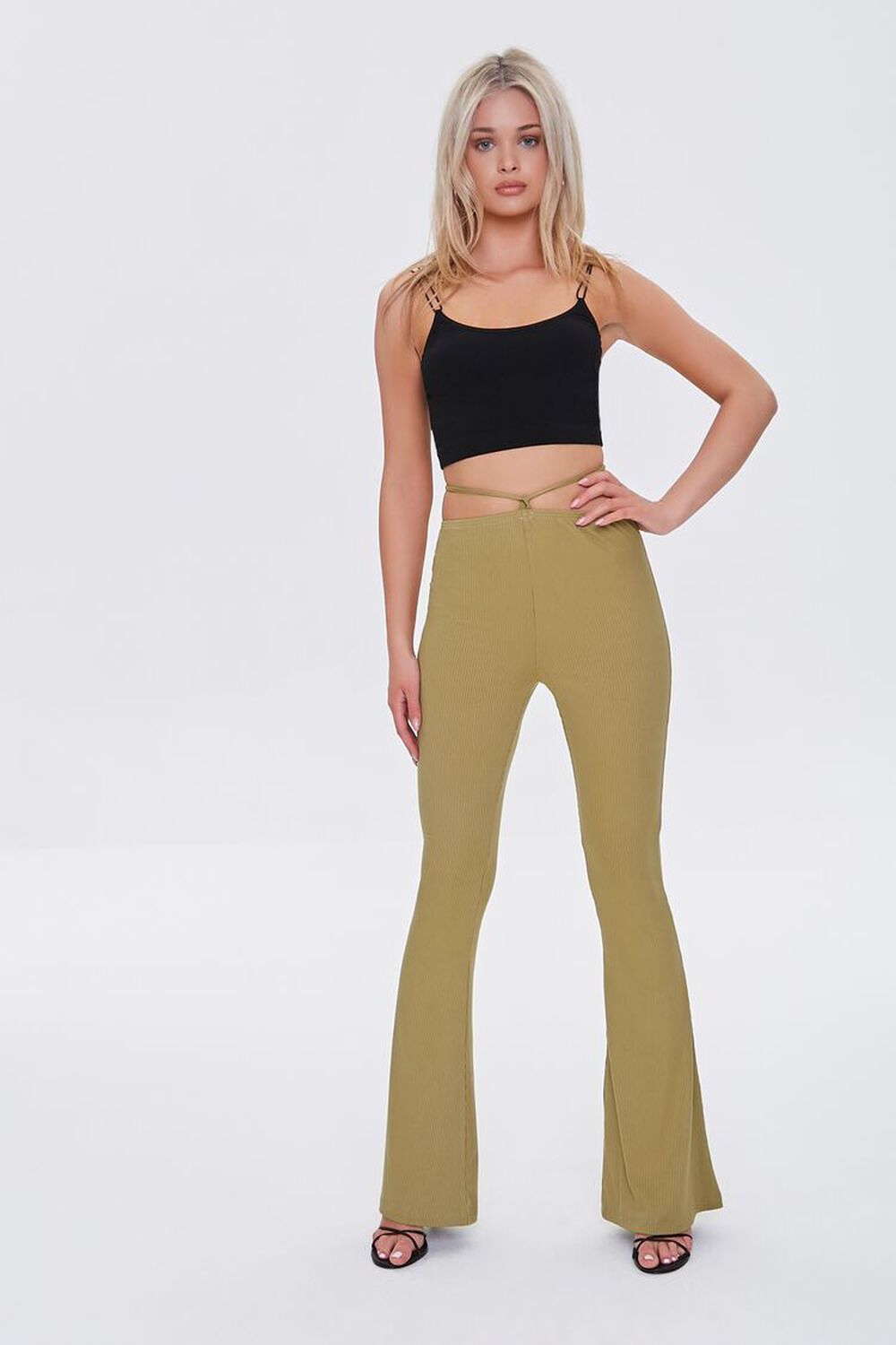 OLIVE Ribbed Knit Self-Tie Flare Pants, image 1