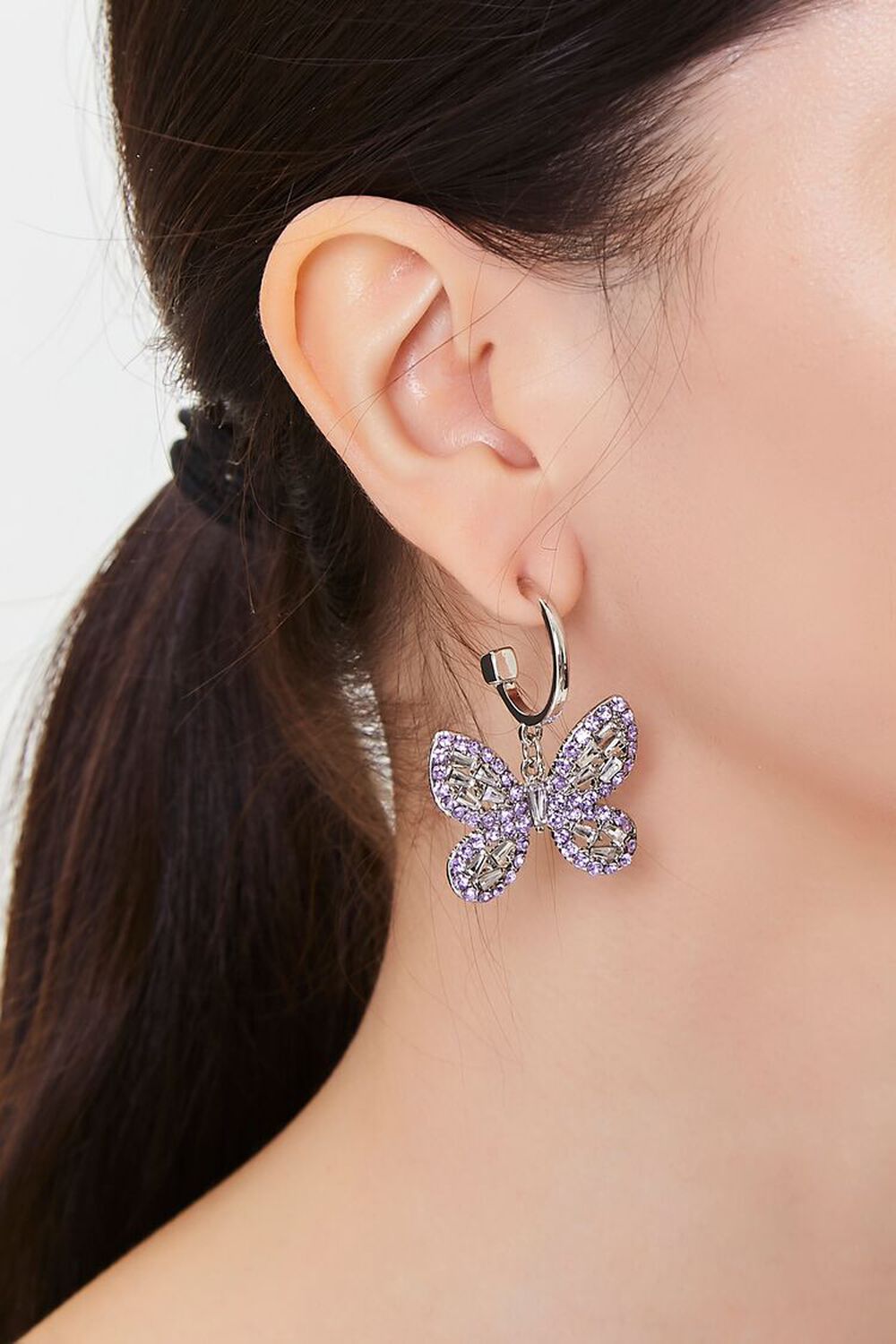 SILVER/PURPLE Rhinestone Butterfly Drop Earrings, image 1