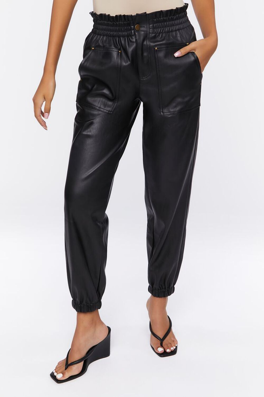 Faux Leather Mid-Rise Joggers, image 2