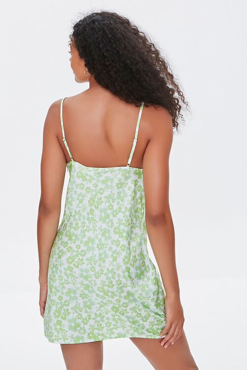 CREAM/GREEN Floral Print Satin Dress, image 3