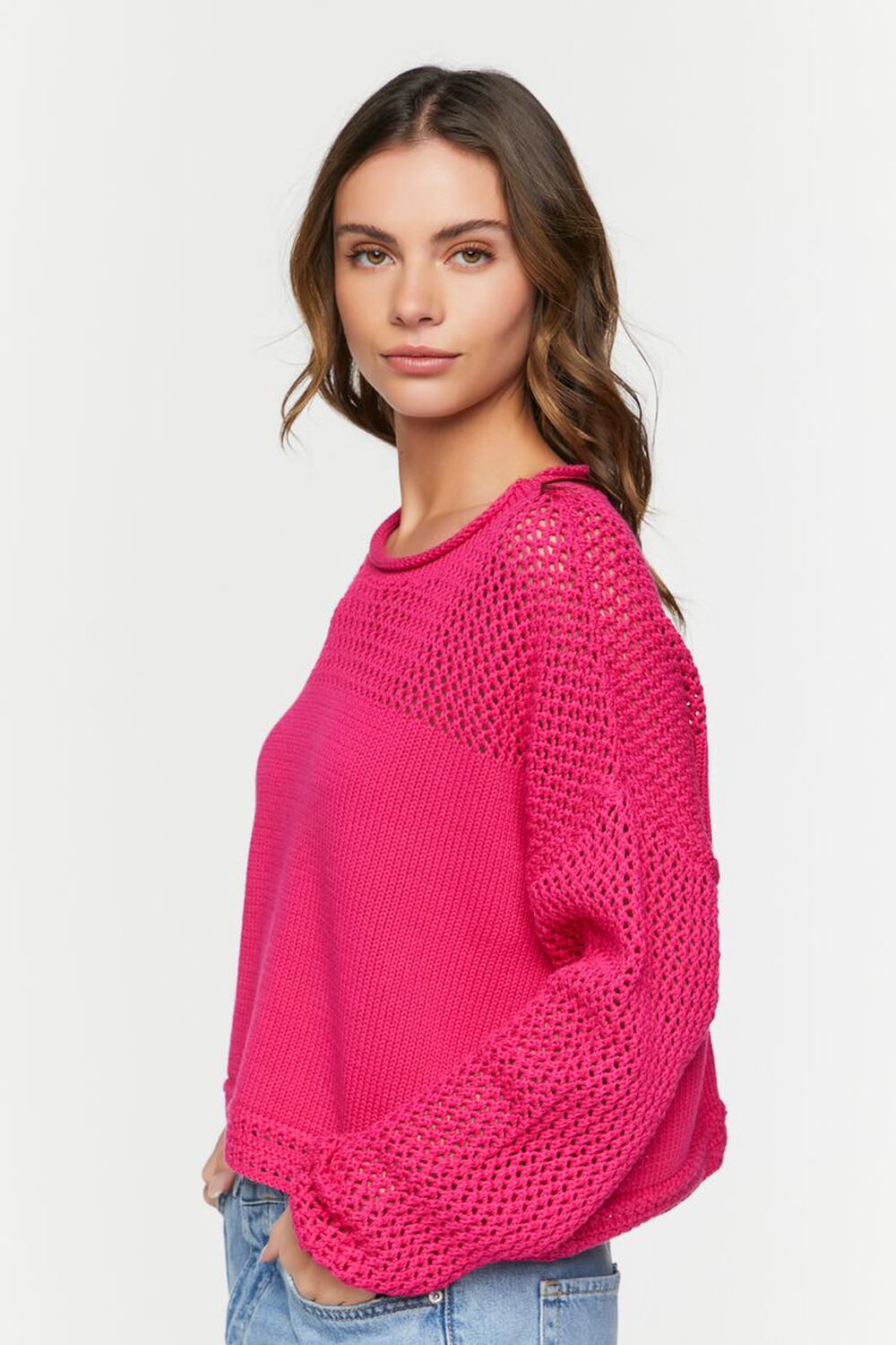 SHOCKING PINK Crochet Drop-Sleeve Sweater, image 2