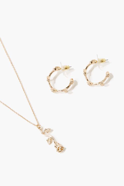 GOLD Rose Necklace & Hoop Earring Set, image 1