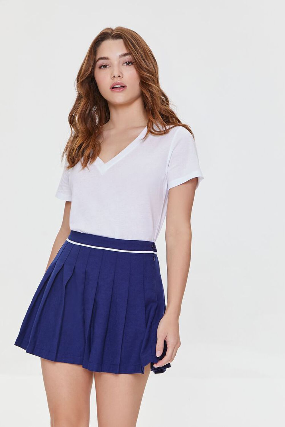 NAVY/WHITE Pleated A-Line Mini Skirt, image 1