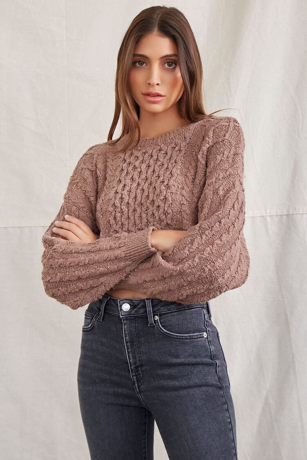TAUPE Cropped Cable Knit Sweater, image 1