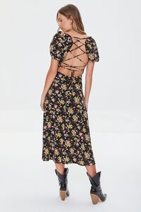 BLACK/MULTI Floral Print Lace-Back Satin Dress, image 3