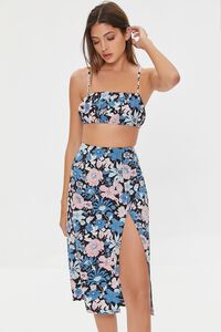 BLACK/MULTI Floral Print Crop Top & Midi Skirt Set, image 1