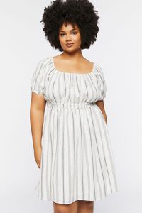 WHITE/BLACK Plus Size Striped Puff-Sleeve Mini Dress, image 1