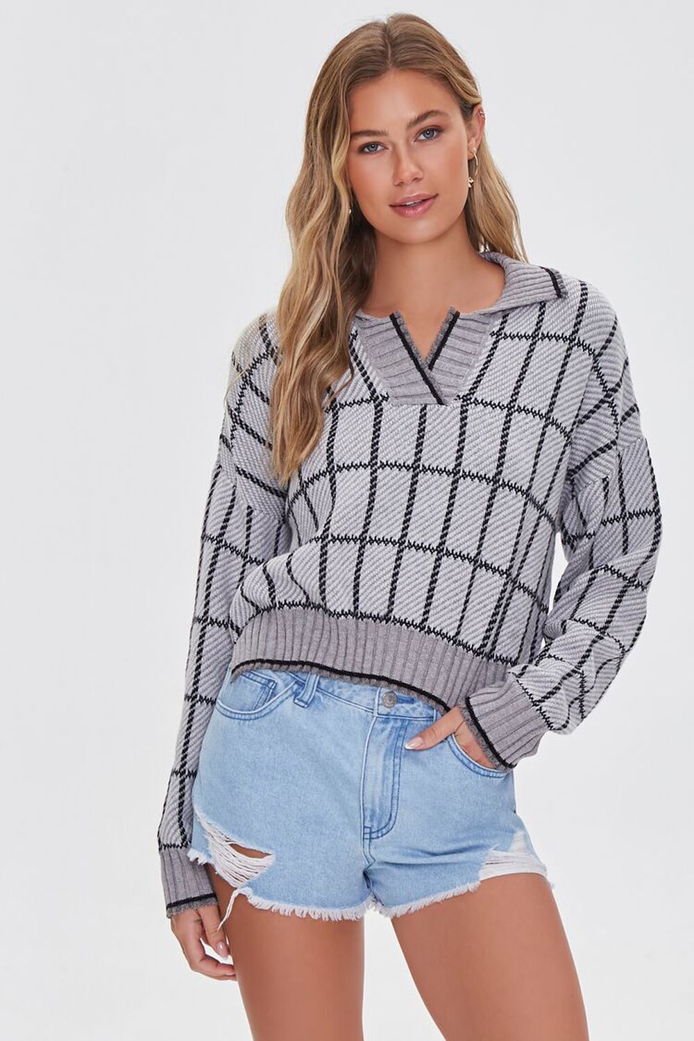 GREY/MULTI Split-Neck Plaid Sweater, image 1