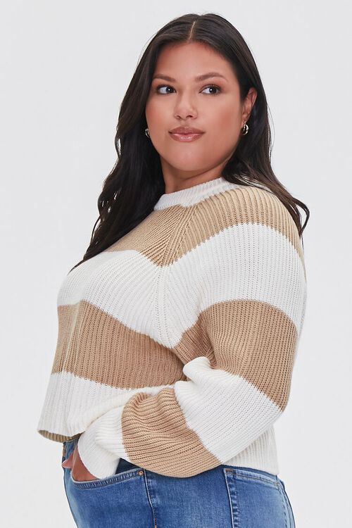 CREAM/TAUPE Plus Size Striped Cropped Sweater, image 2