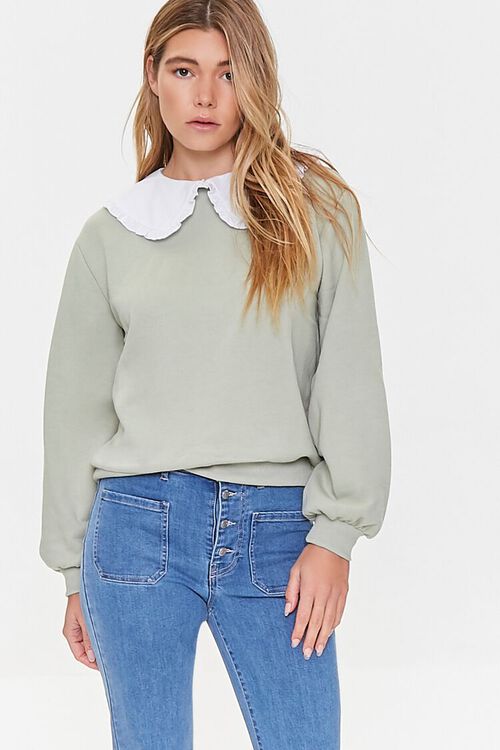 SAGE/WHITE French Terry Ruffled Collar Pullover, image 1