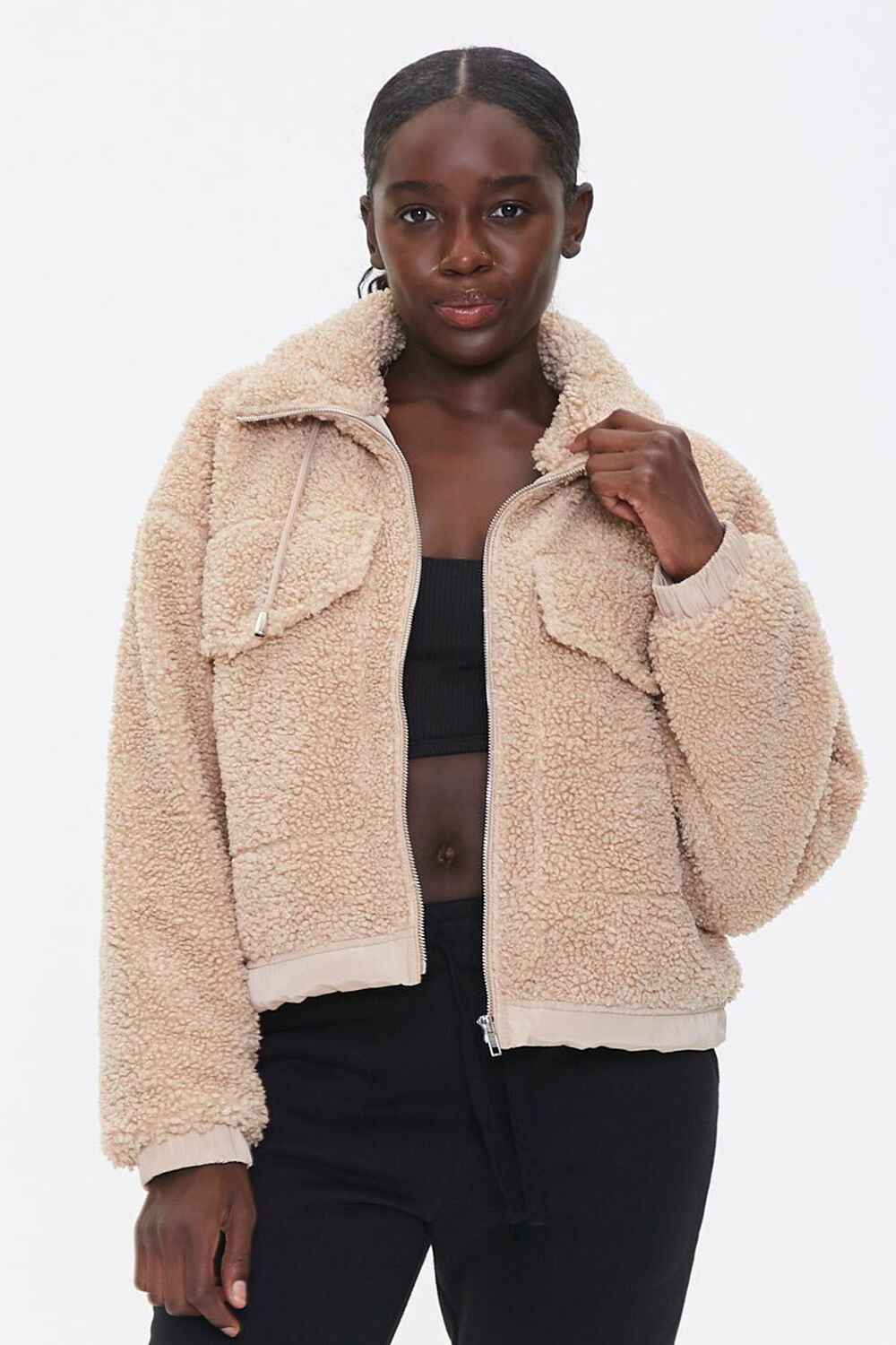 TAUPE Faux Shearling Zip-Up Jacket, image 1